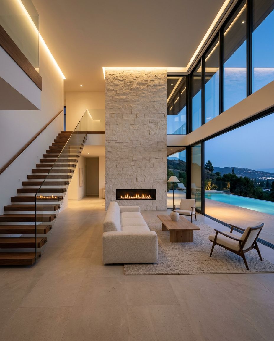 Double-height great room with limestone floors, a floating walnut staircase and a glass wall to the pool
